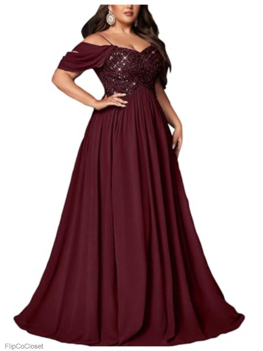 Plus Size Sequin A-Line Formal Prom Maxi Dress Women Wedding Guest Gown